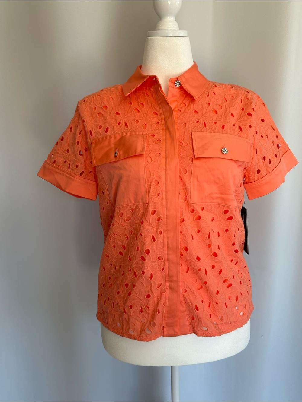KARL LAGERFELD PARIS Women's Eyelet Cotton Button Shirt Orange Size Small